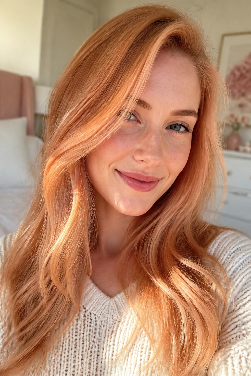Close-up of a real woman with strawberry blonde hair and peach warmth
