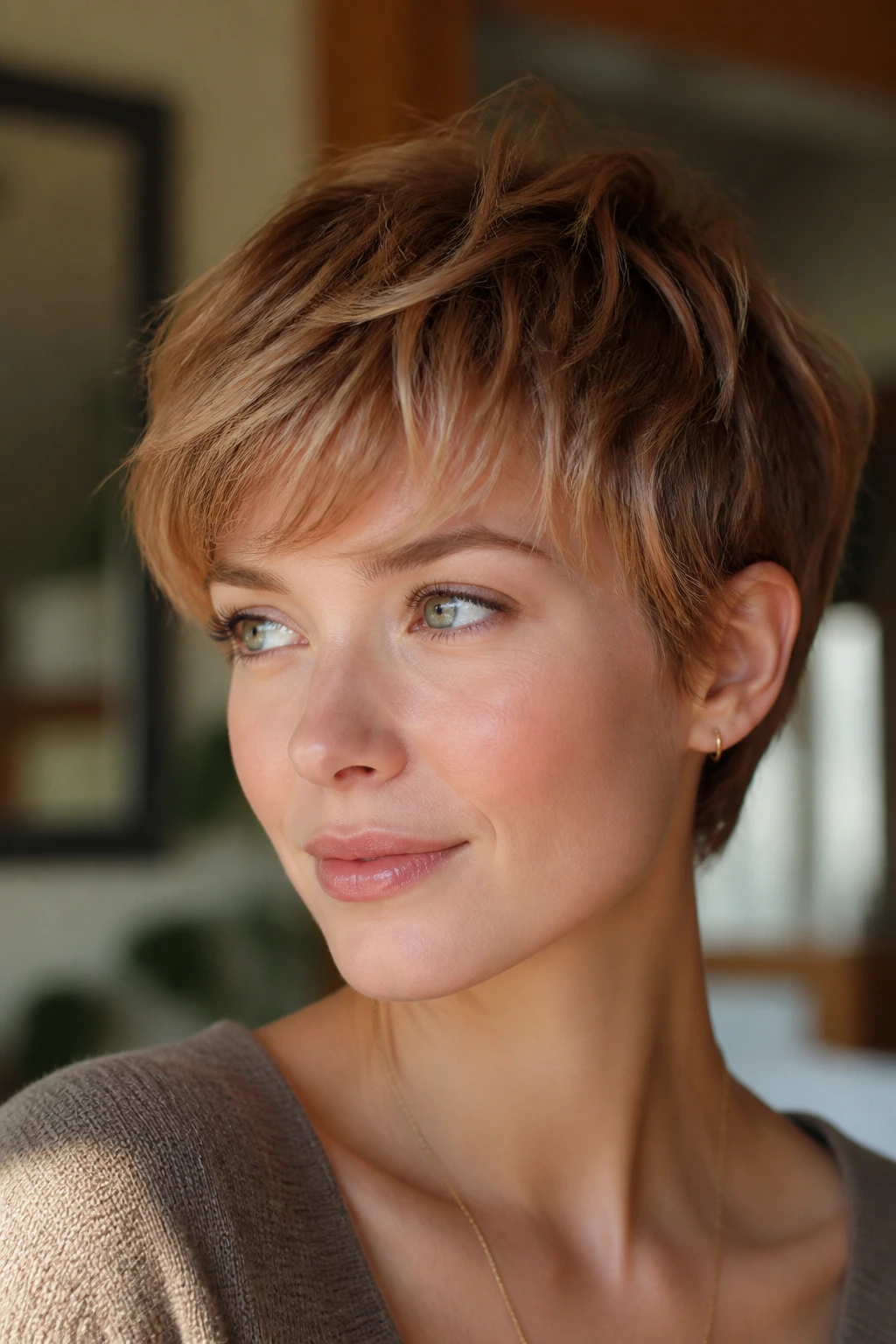 Strawberry blonde pieces woven into short hair on a real person