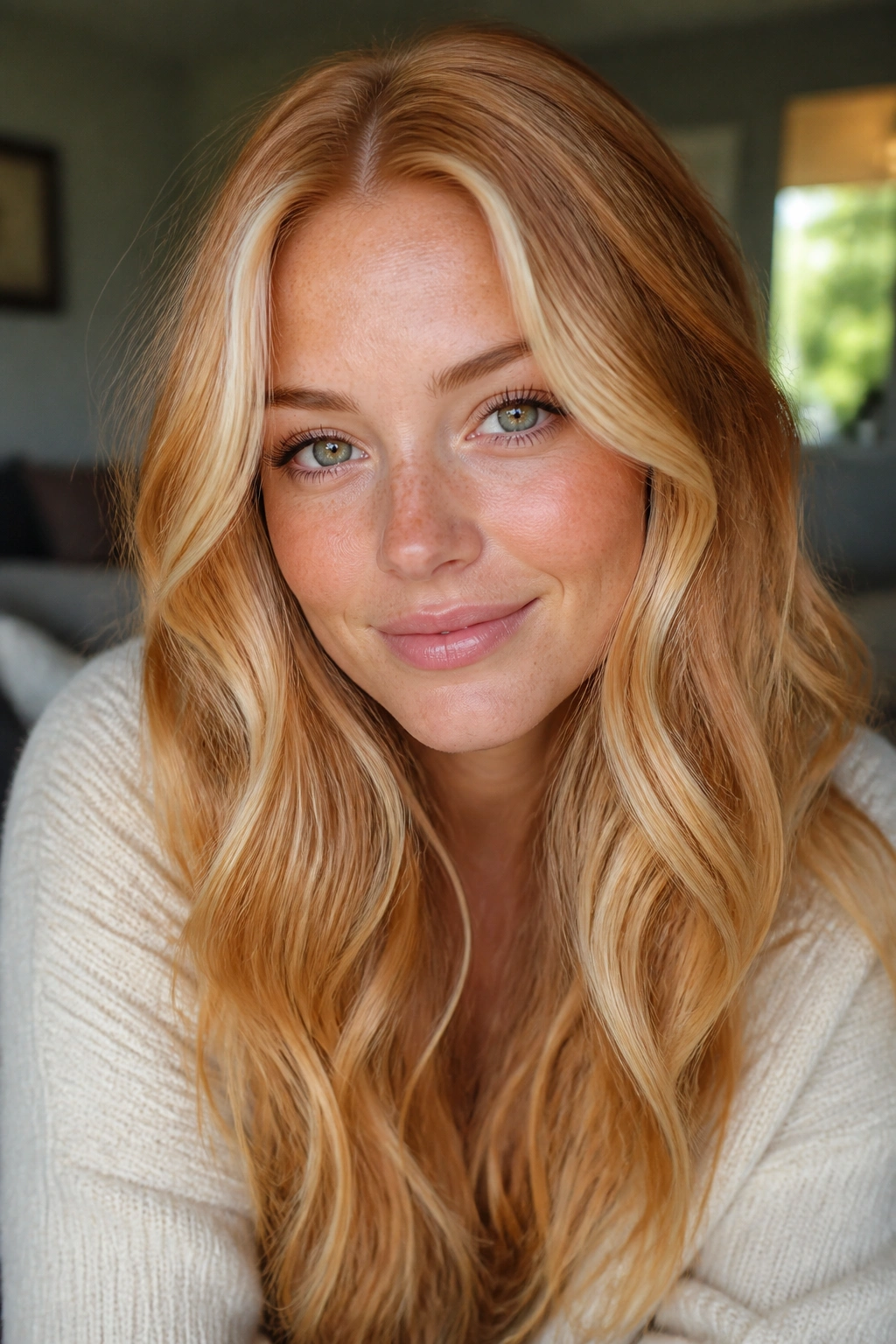 Close-up of a woman with strawberry blonde hair and pale blonde ribbons near the face