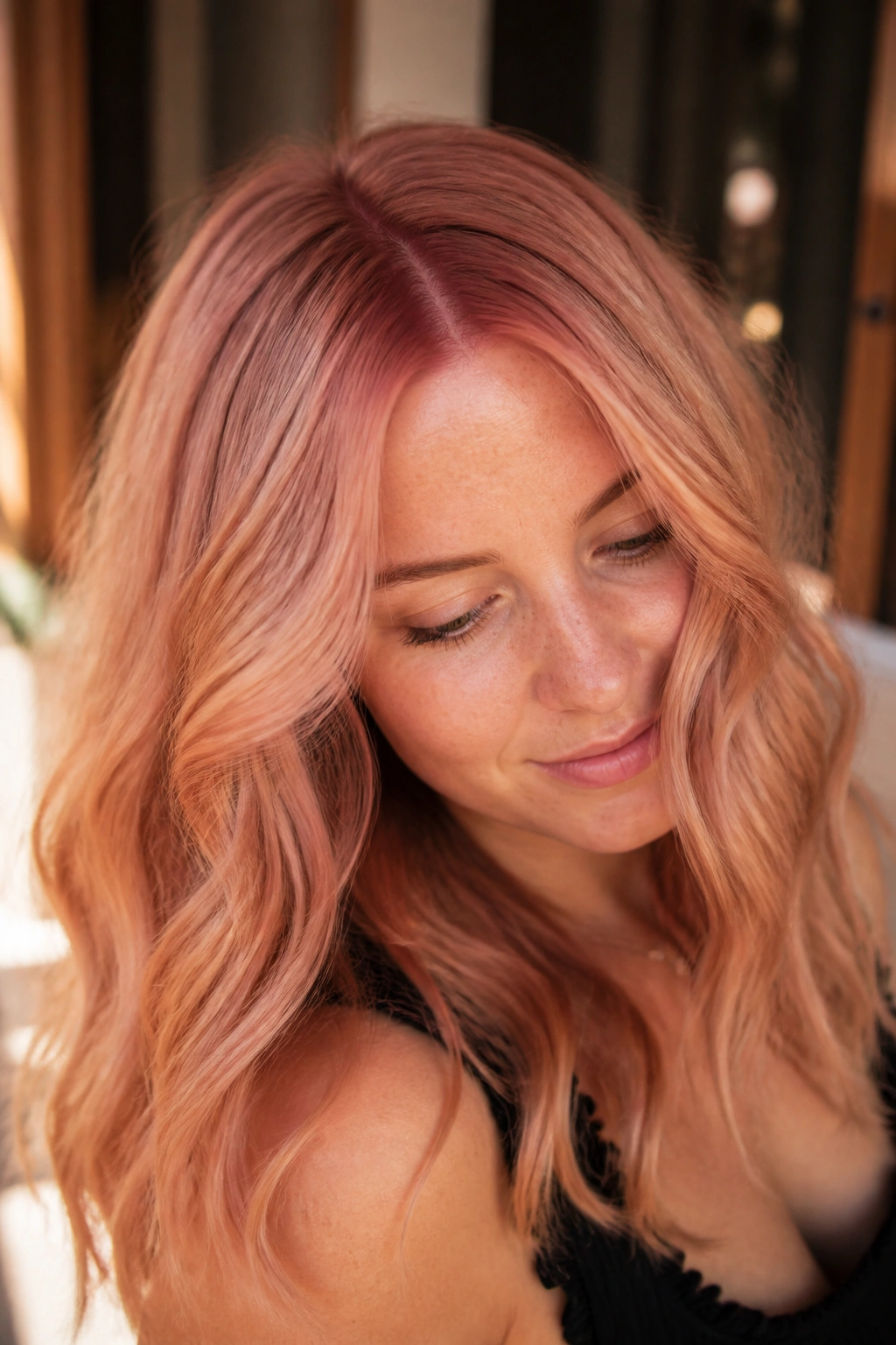 Real woman with strawberry blonde hair and rose root
