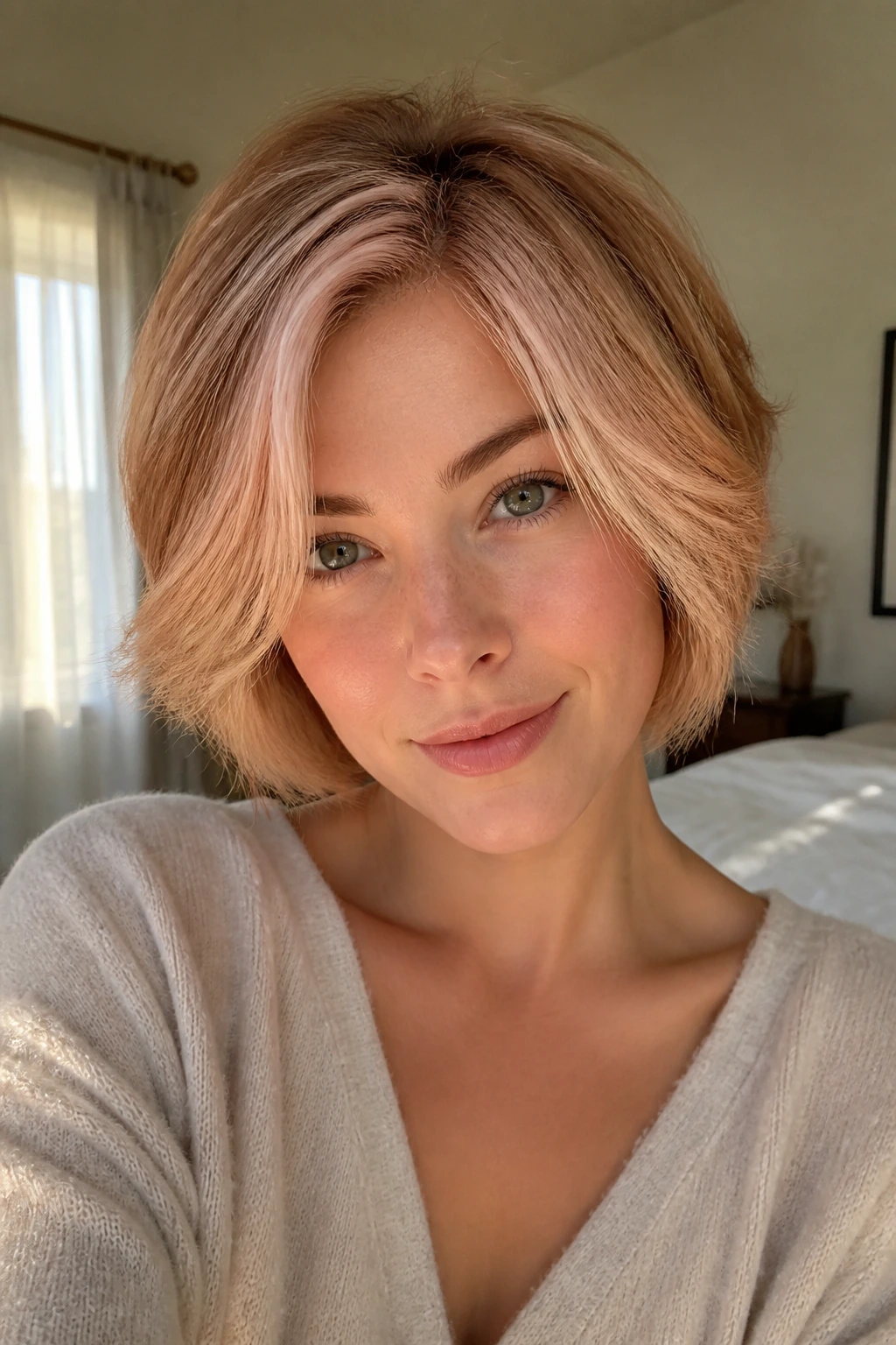 Close-up portrait of a real woman with strawberry blonde money piece on a short layered cut
