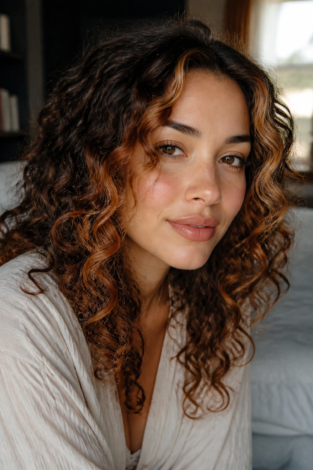 Close-up of brunette curls with strawberry blonde face frame around the cheeks