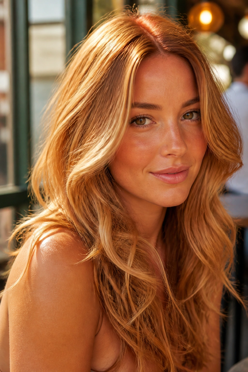 Close-up portrait of a real woman with strawberry blonde hair and tan skin in golden hour light