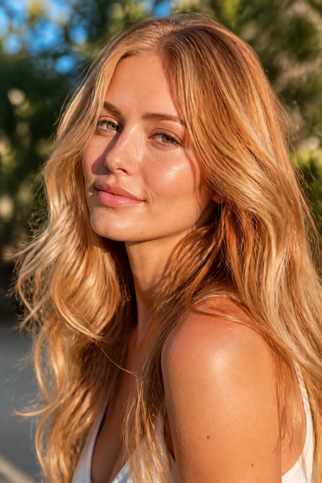 Real person with sun-kissed strawberry blonde hair in natural light