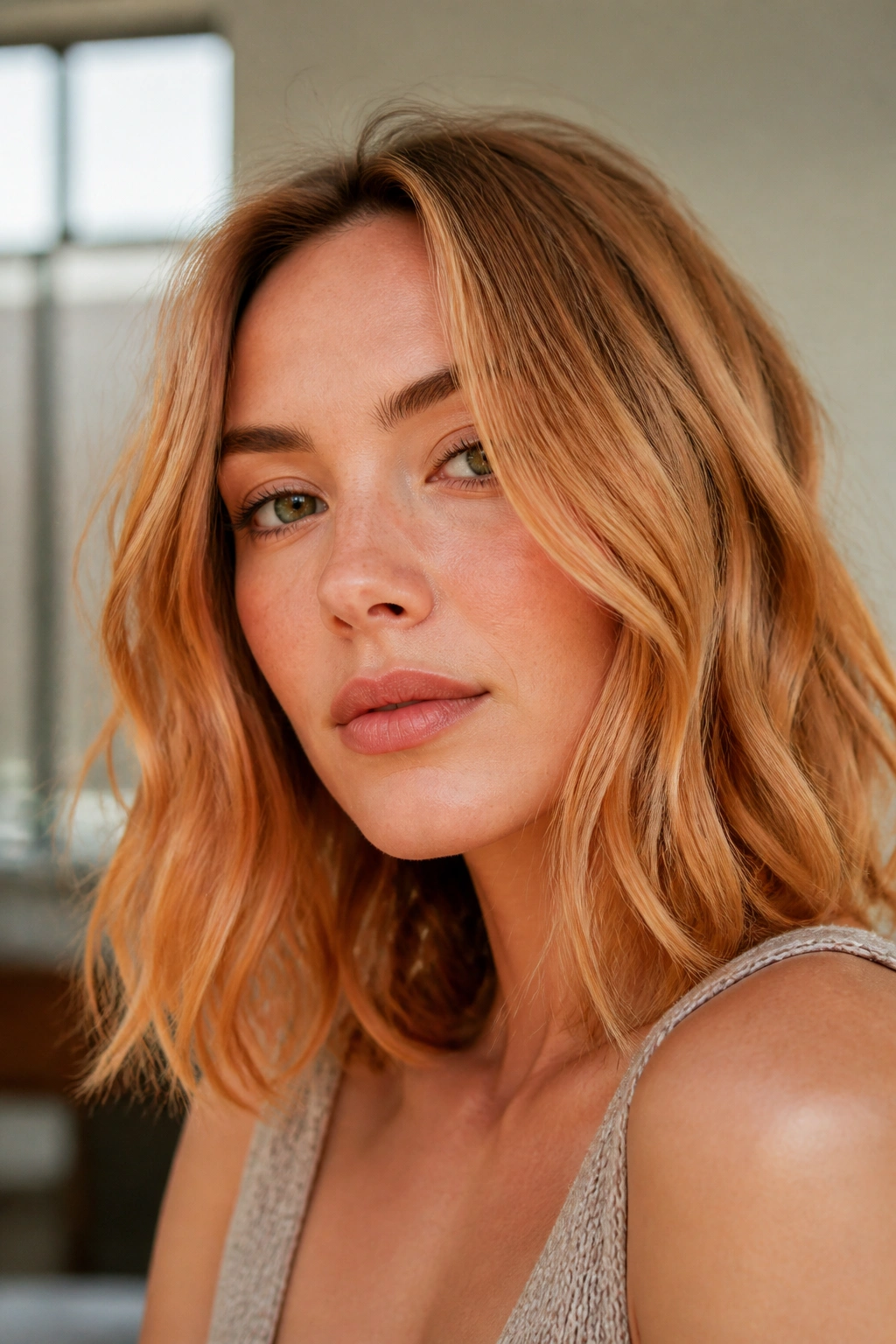 Real woman with strawberry-leaning blonde hair and warm undertones