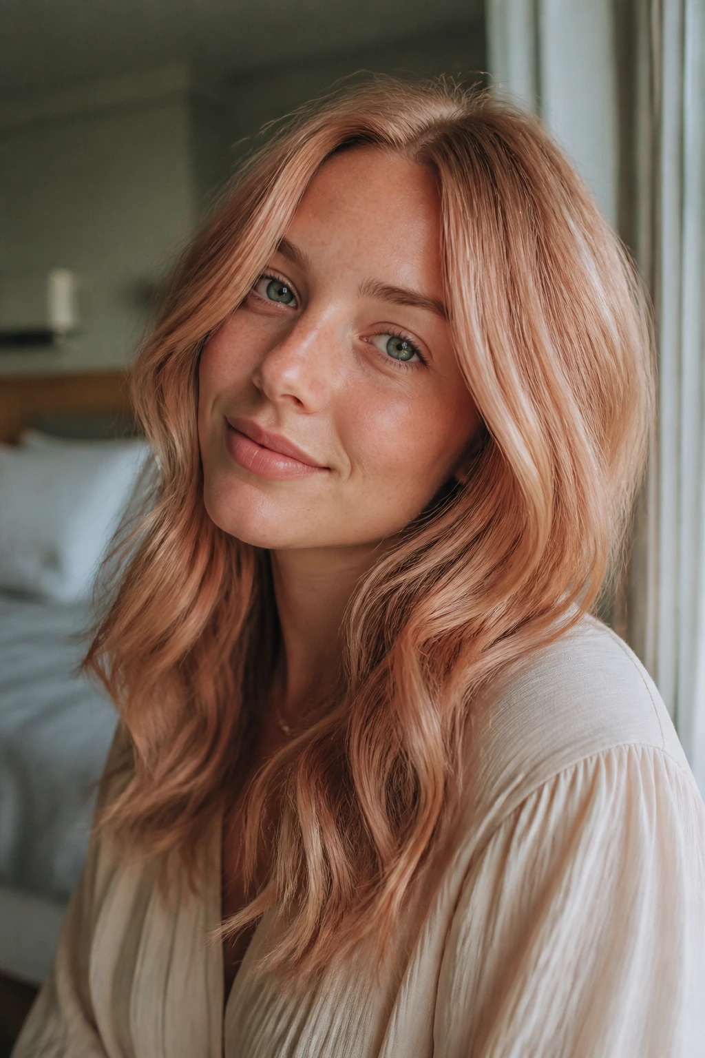Close-up of a real woman with strawberry blonde whisper lights near a window