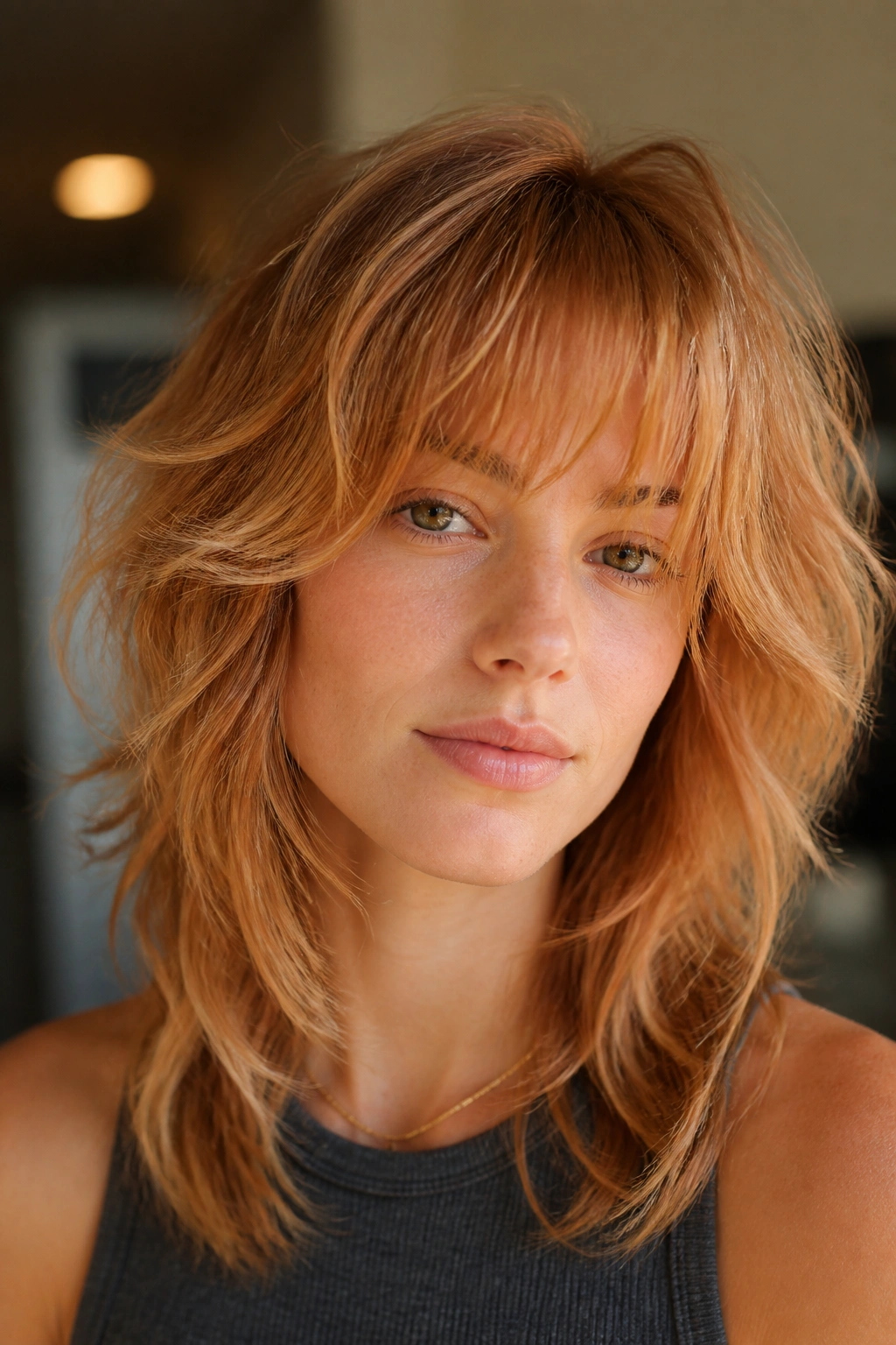 Close-up of a real woman with strawberry blonde wolf cut and fringe in warm window light