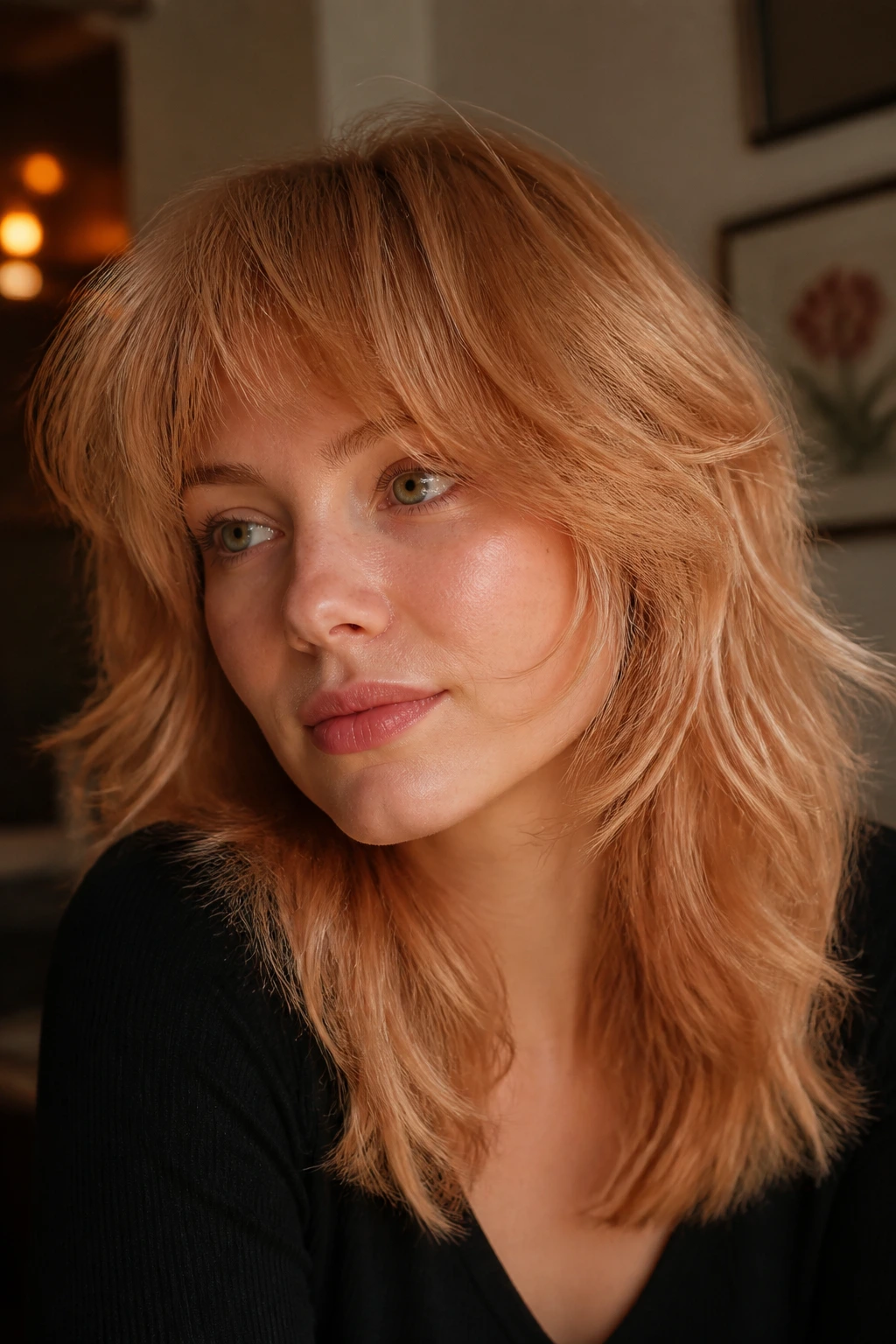 Close-up of a real person with strawberry blonde wolf cut and soft edge