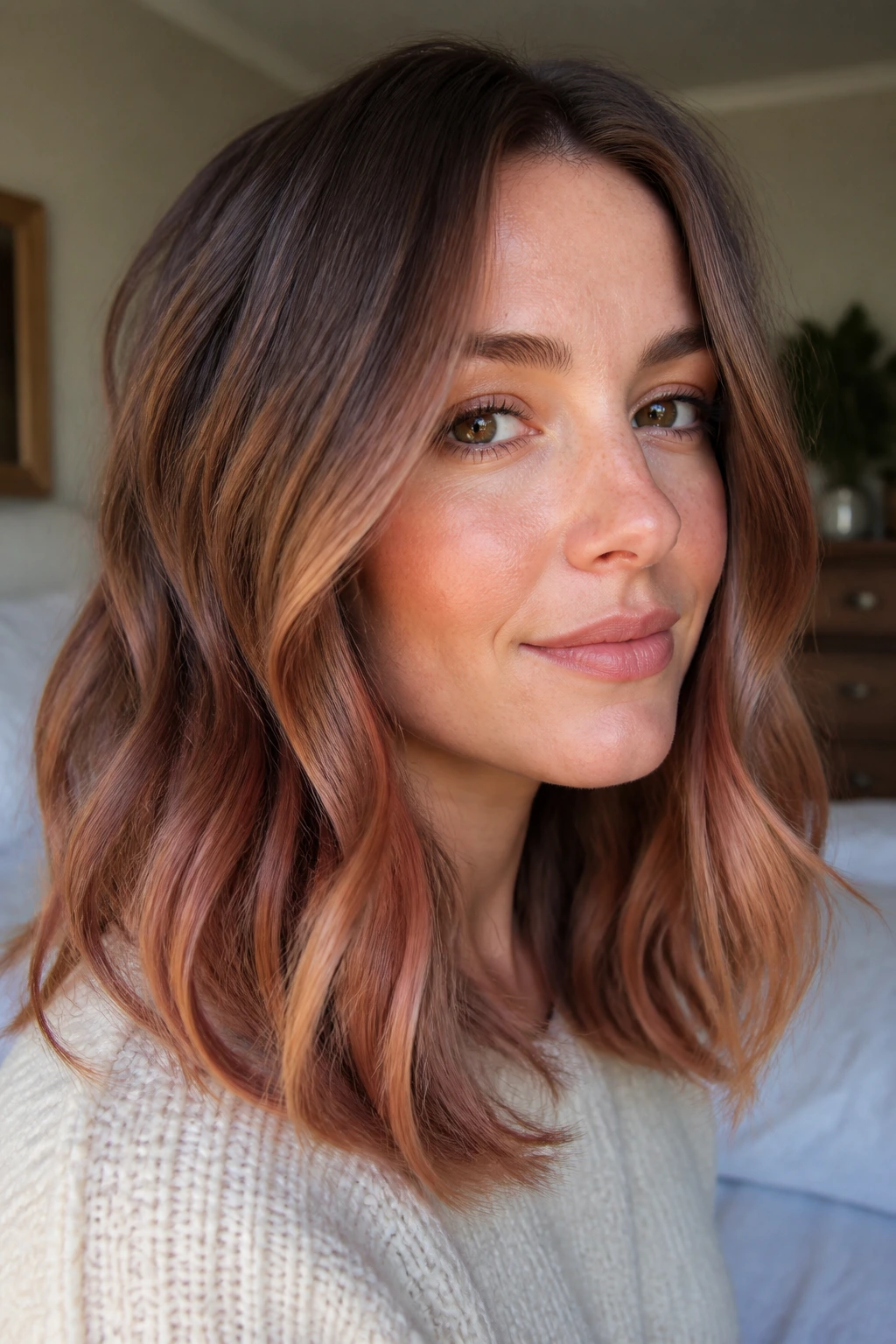 Close-up portrait of a real woman with strawberry brunette balayage blending through mids and ends in natural window light