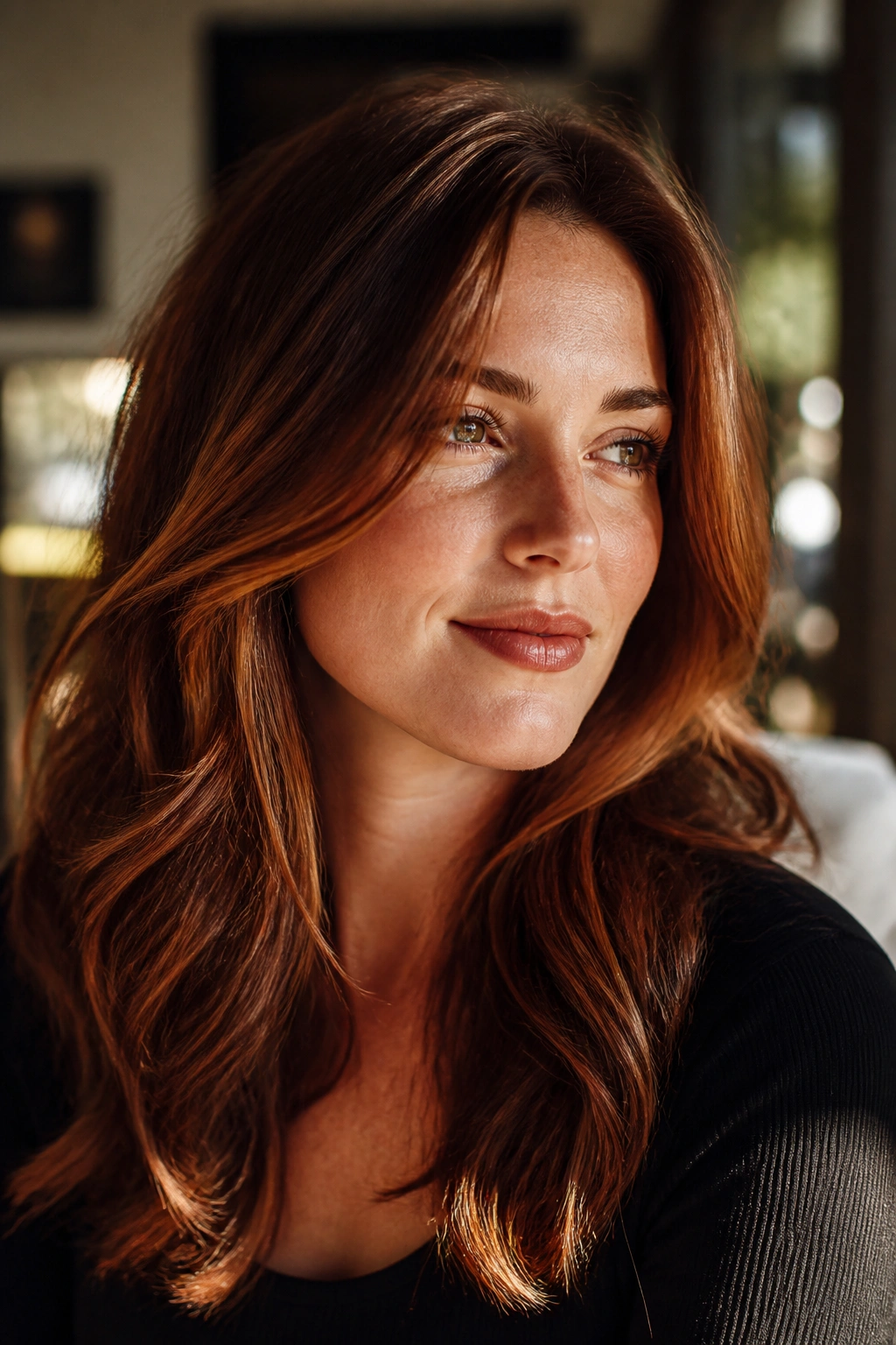 Close-up of a real woman with strawberry brunette hair and warm glaze around the face
