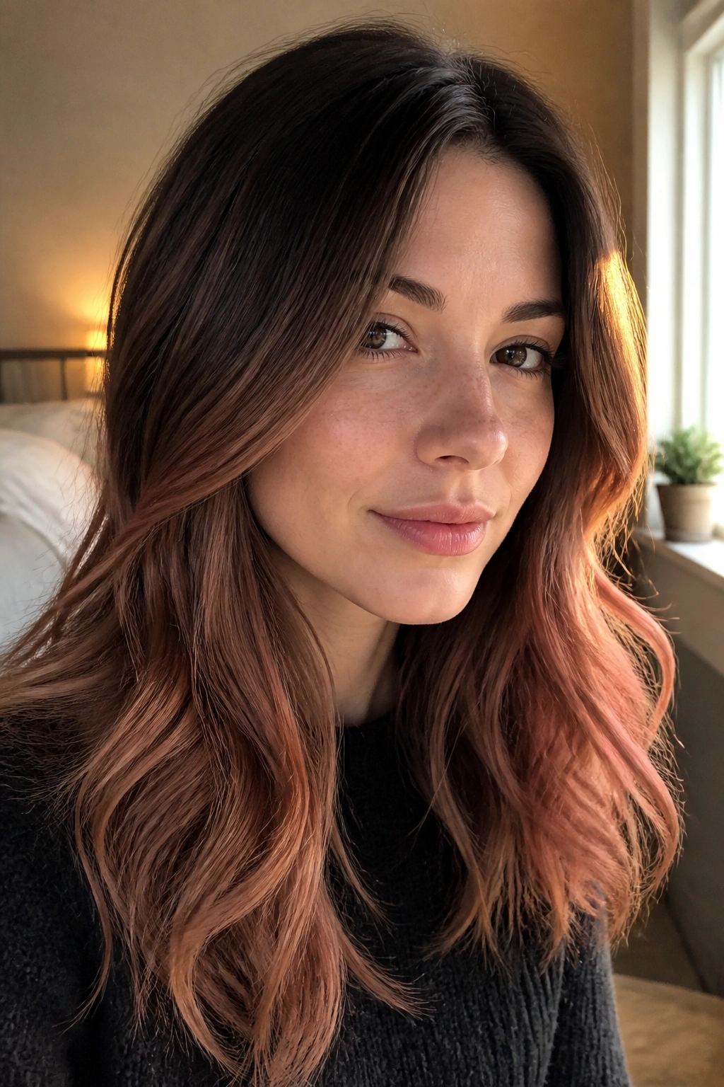 Close-up of a woman with strawberry brunette hair, dark roots and strawberry ends