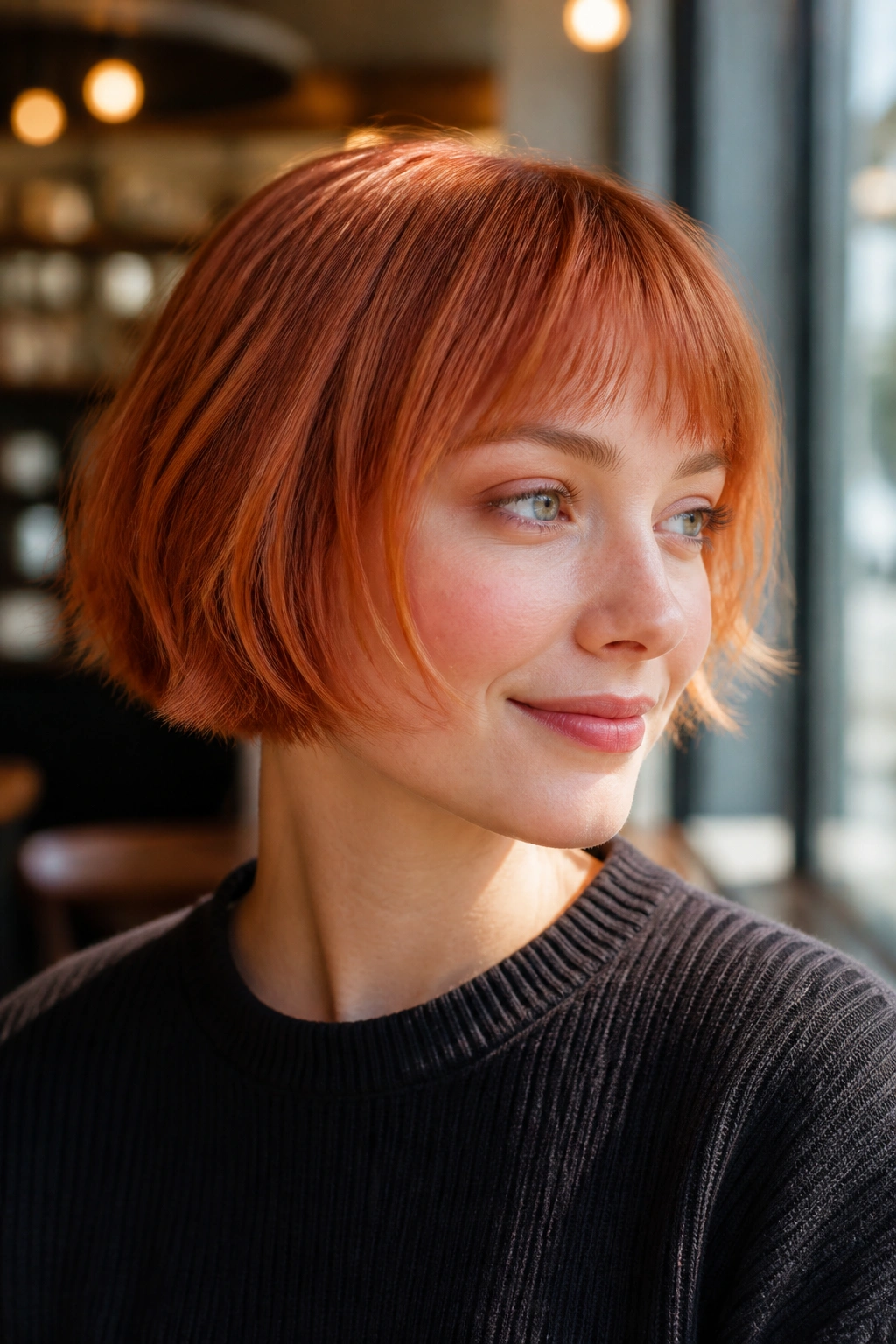 Close-up of a person with strawberry copper micro bob under bright light