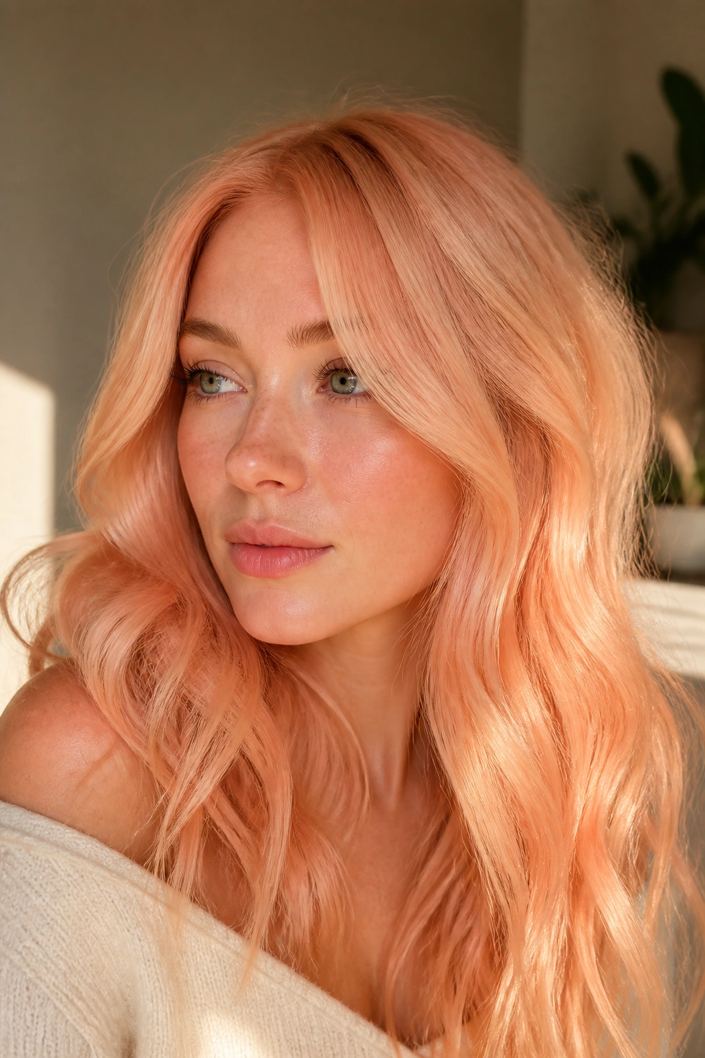 Close-up of a real woman's blonde hair with strawberry coral tones