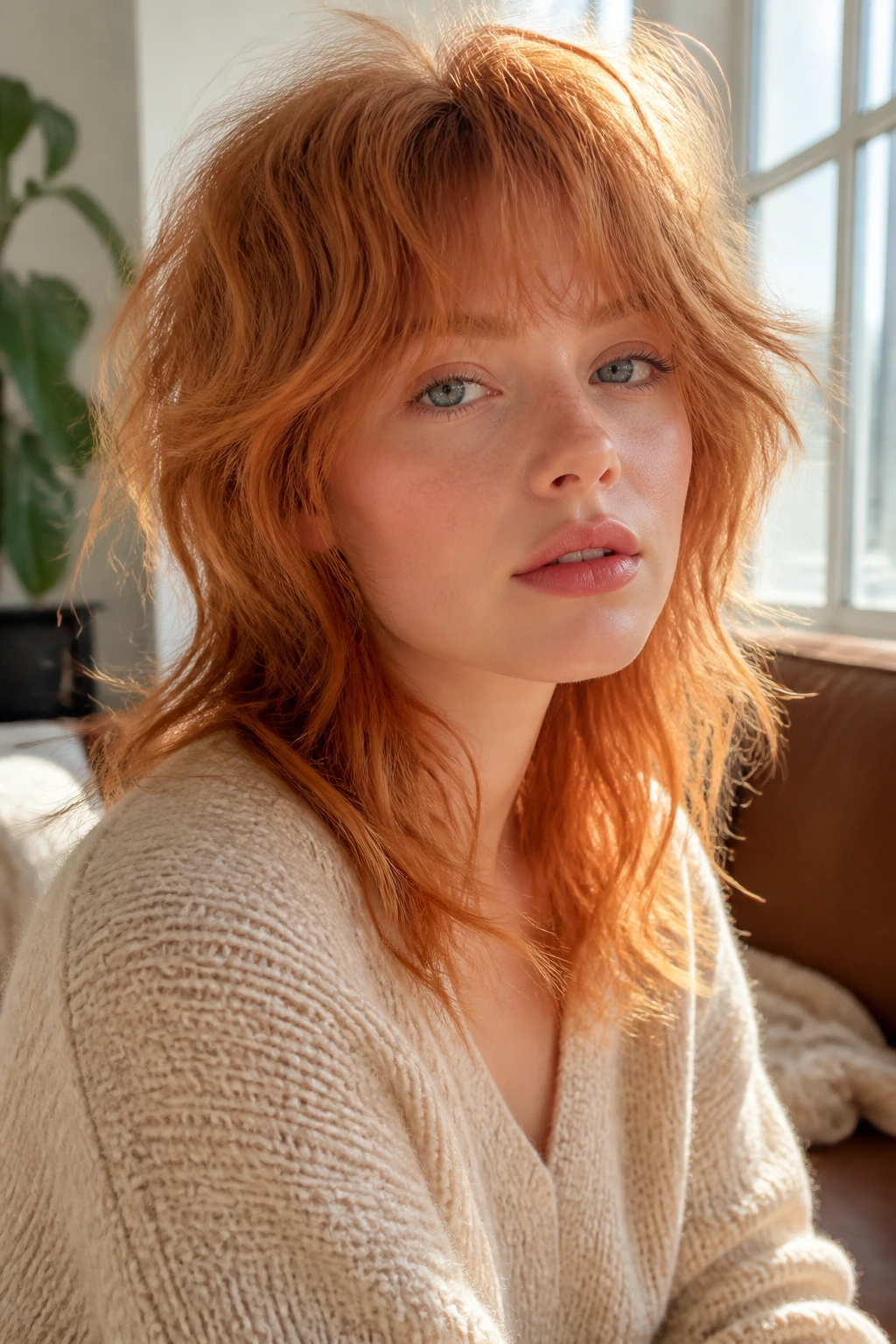 Close-up portrait of a real person with strawberry ginger wolf cut in sunlit room