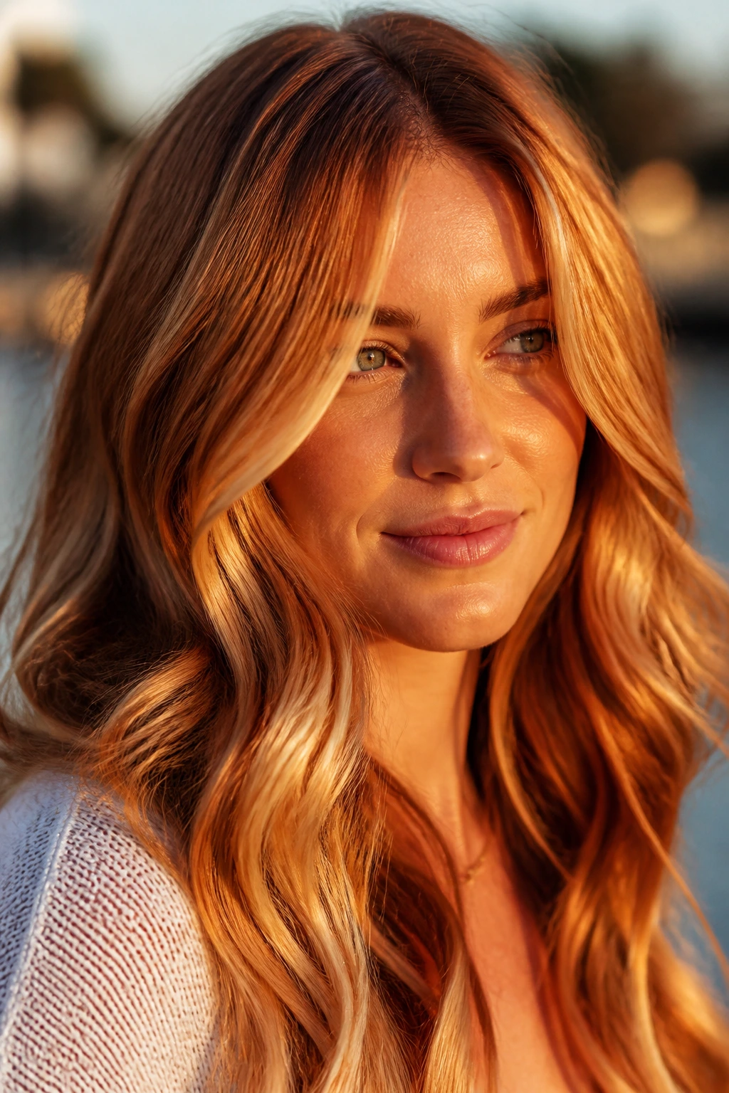 Close-up portrait of a real woman with strawberry gold ribbons around the face