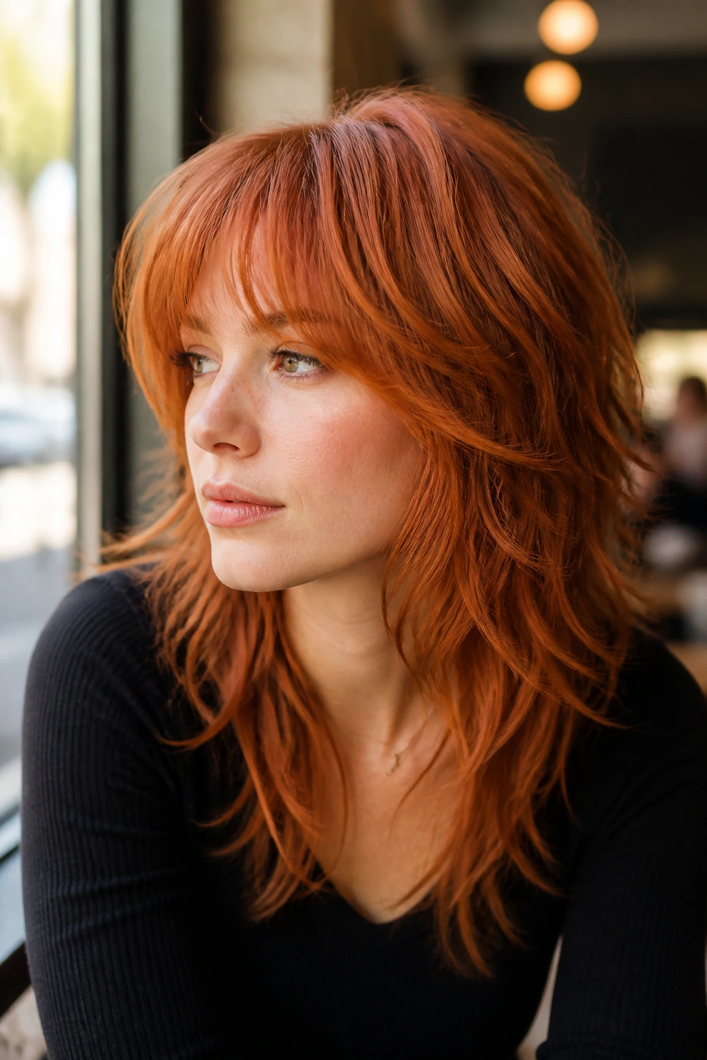 Close-up portrait of a real woman with strawberry red wolf cut and wispy layers