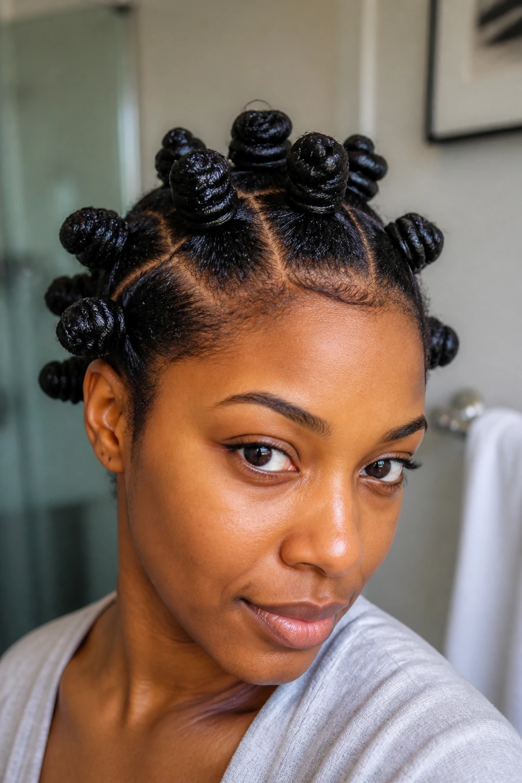 Close-up of stretch-and-protect bantu knots on a real person under natural light