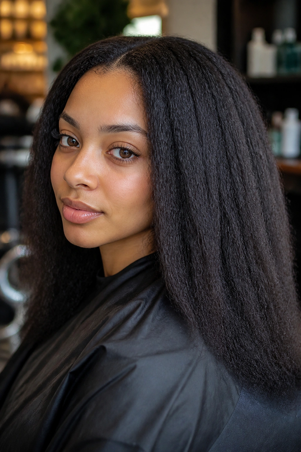 Close-up of real woman with tight coils showing stretch-to-shrink haircut concept in a salon setting