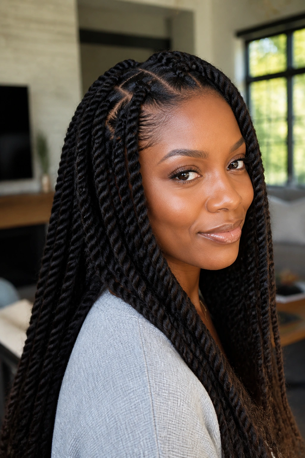 Real woman with stretched blowout twists showing length and smoothness