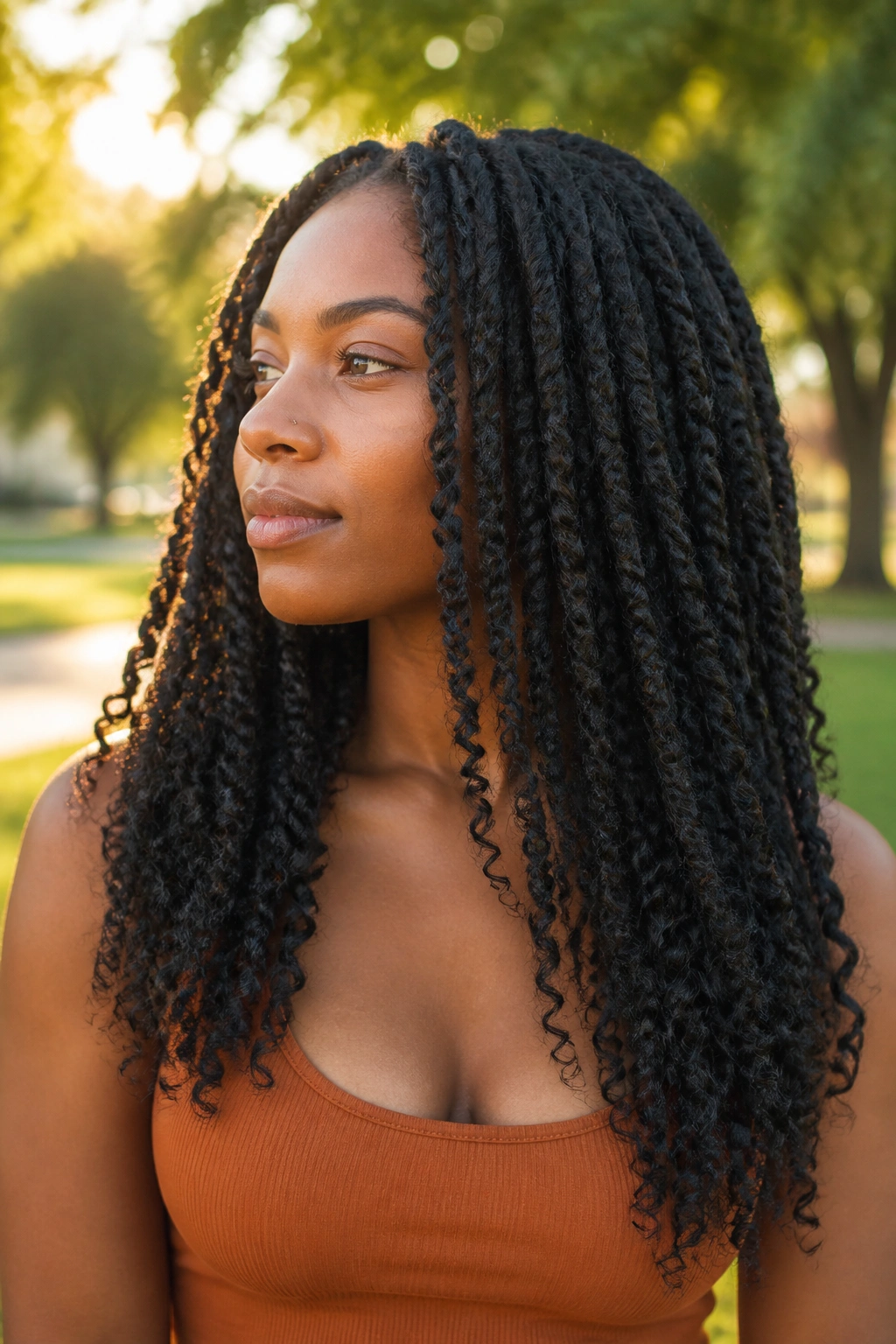 Close-up of a real woman with stretched twist-out showing length outdoors at golden hour