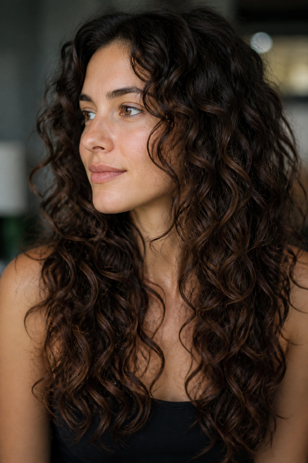 Close-up of a real woman with subtly cascading layers in long curls