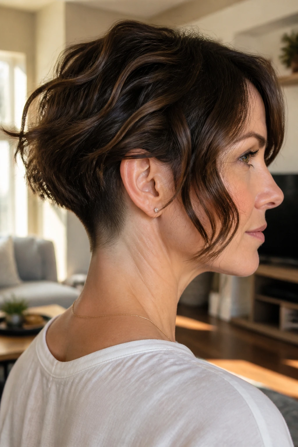 Close-up of a real woman with bob and subtle undercut at the nape