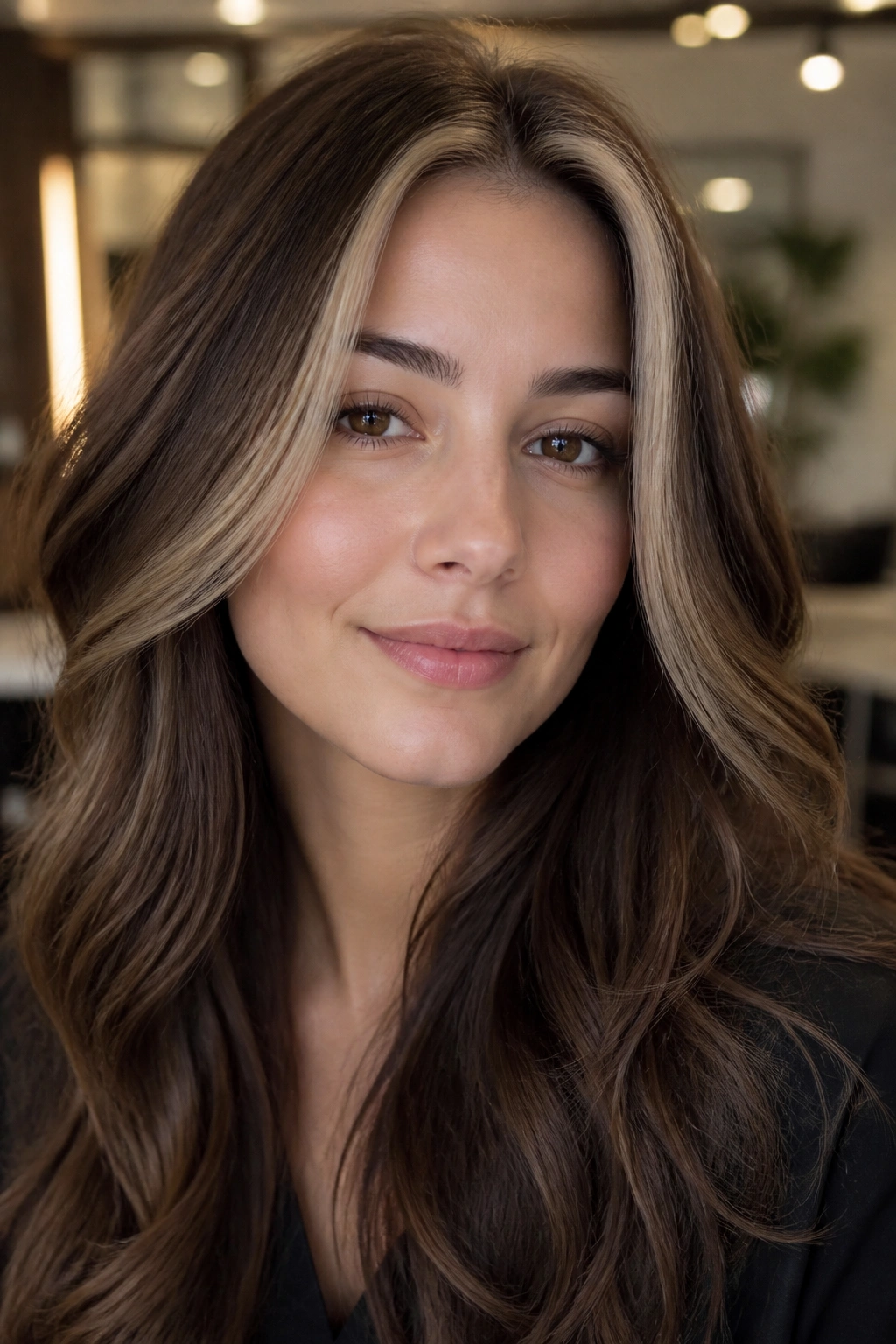 Close-up of a real woman's suede brown hair with a beige money piece at the hairline.