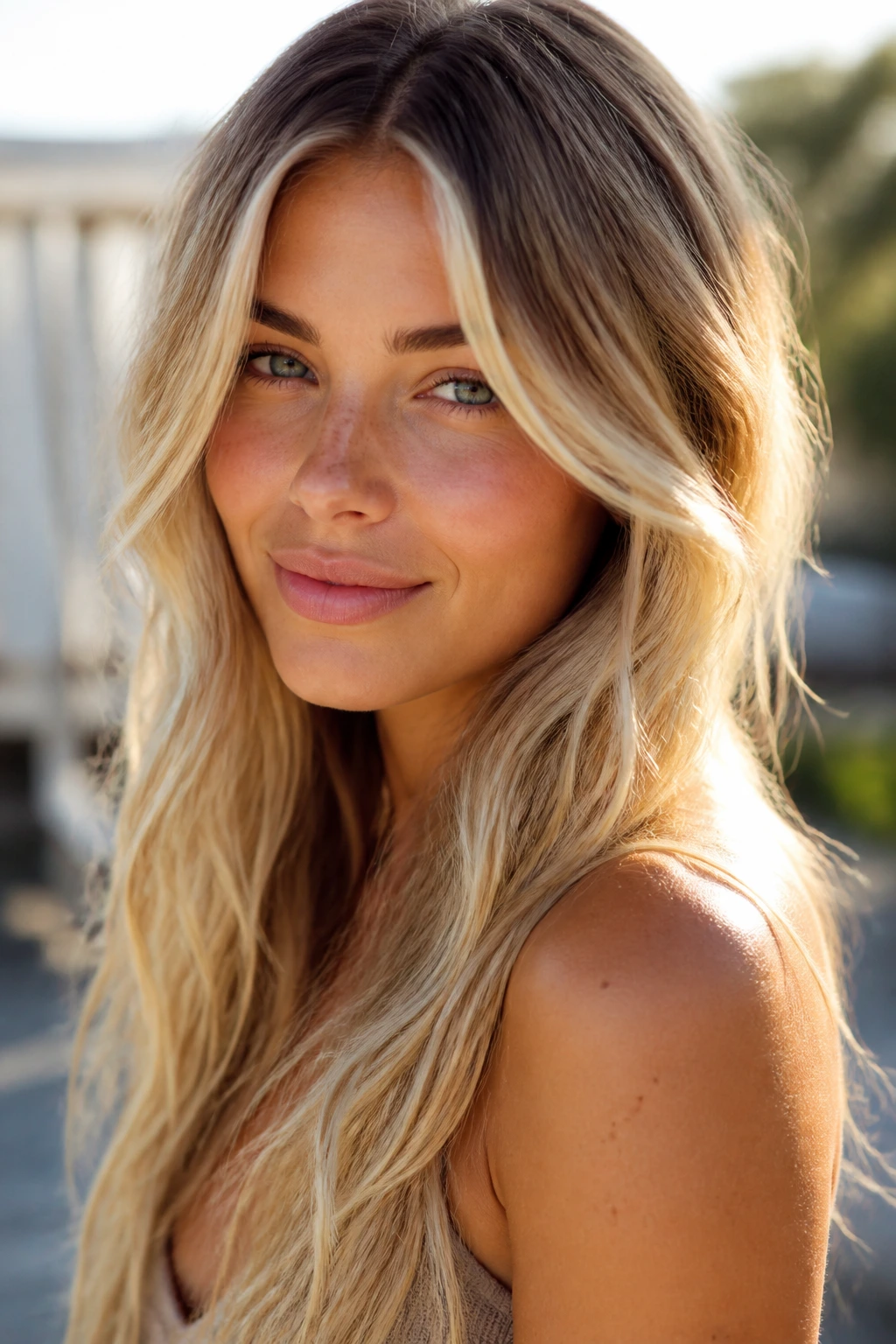 Real person with sun-kissed blonde highlights and natural beachy glow