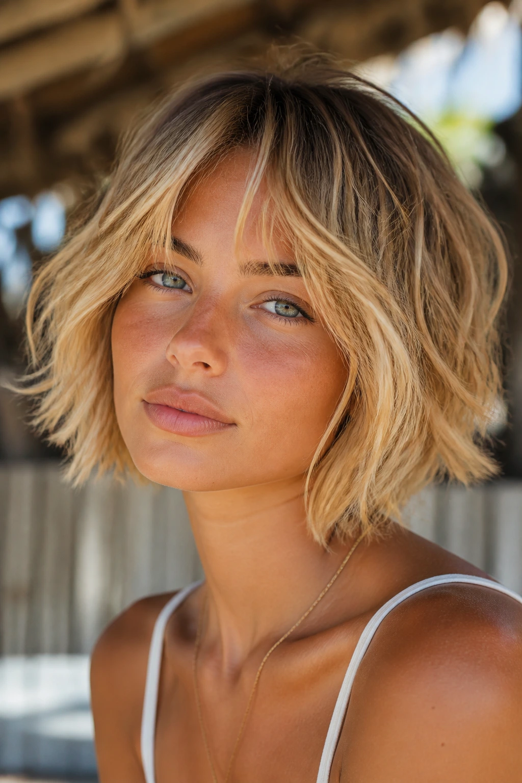 Person with sun-kissed blonde shaggy bob in natural sunlight