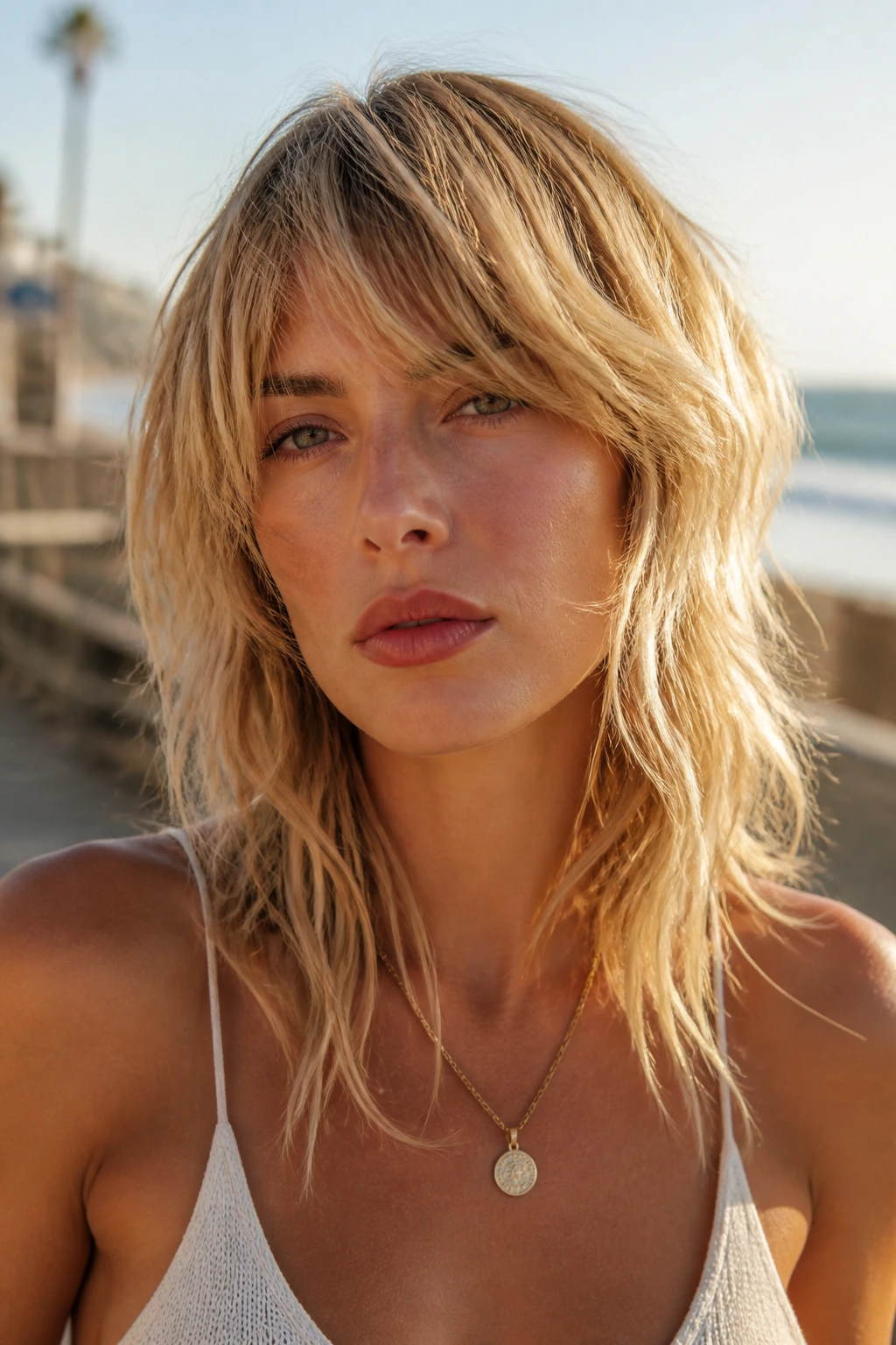 Close-up portrait of a real woman with sun-kissed blonde wolf cut and razor-cut layers on a beach boardwalk.