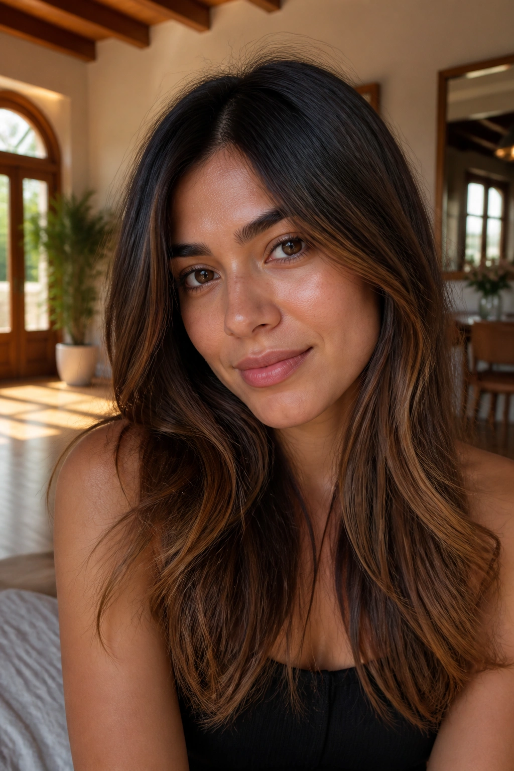 Dark hair with sun-kissed caramel highlights on outer layers