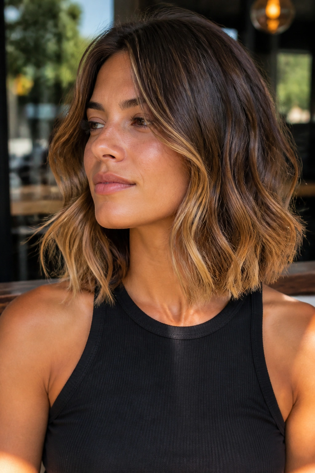 Close-up of a real woman with shoulder-length hair and sun-kissed tips in natural light.