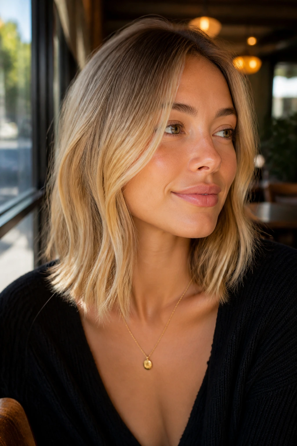 Close-up portrait of a real person with collarbone-length almond blonde hair in cafe light