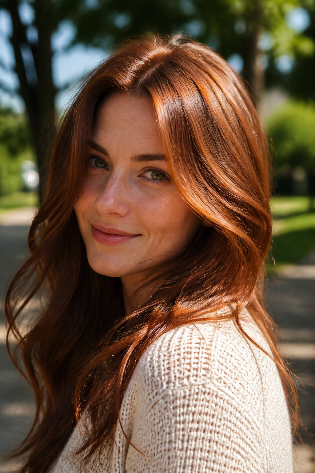 Close-up of a real woman with sunlit auburn hair in a park setting