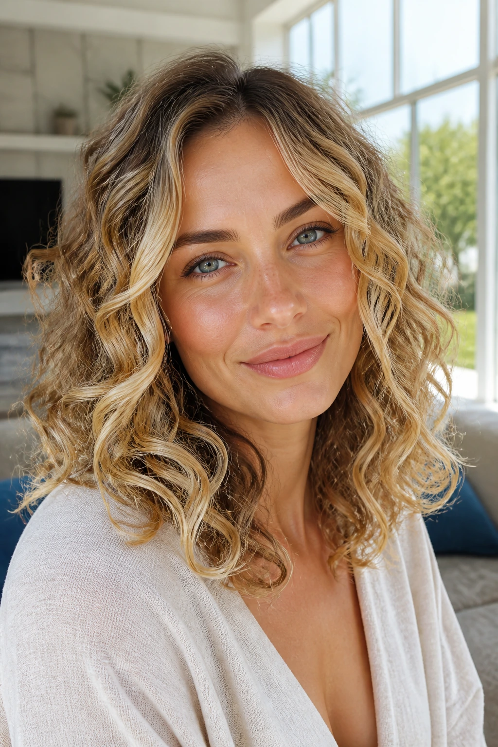 Close-up of a woman with sunlit blonde balayage on mid-length curls