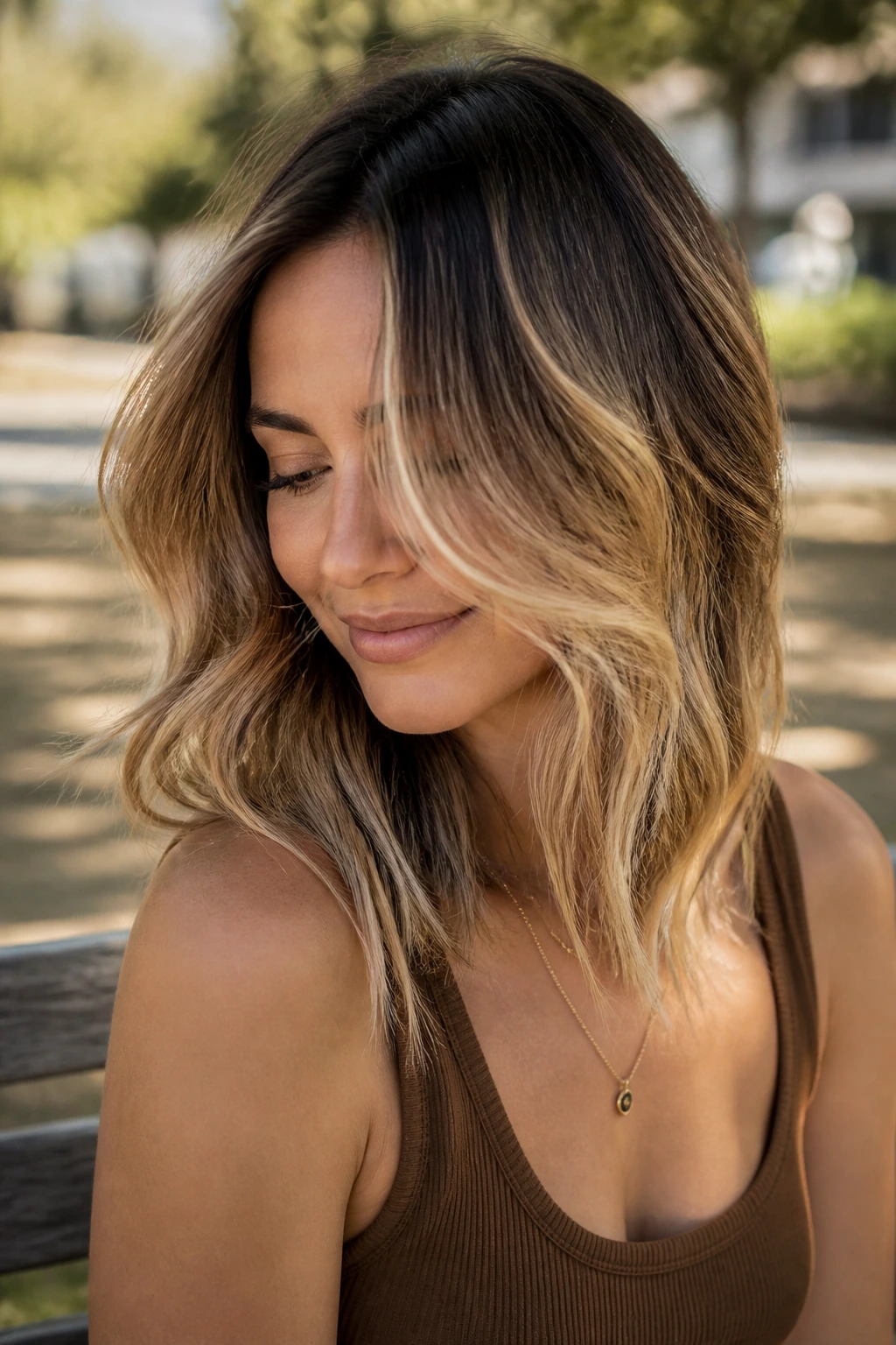 Close-up portrait of a woman with layered bronde hair in sunlit light