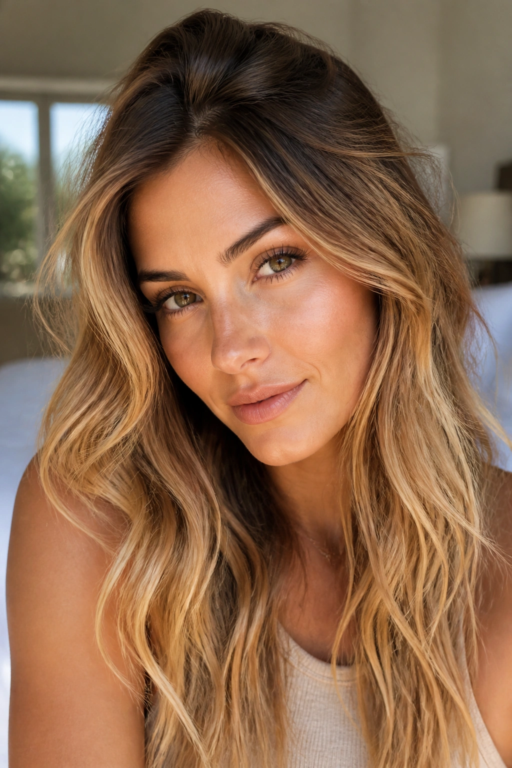 Close-up of sunlit bronde hair with teased root transition on a real woman