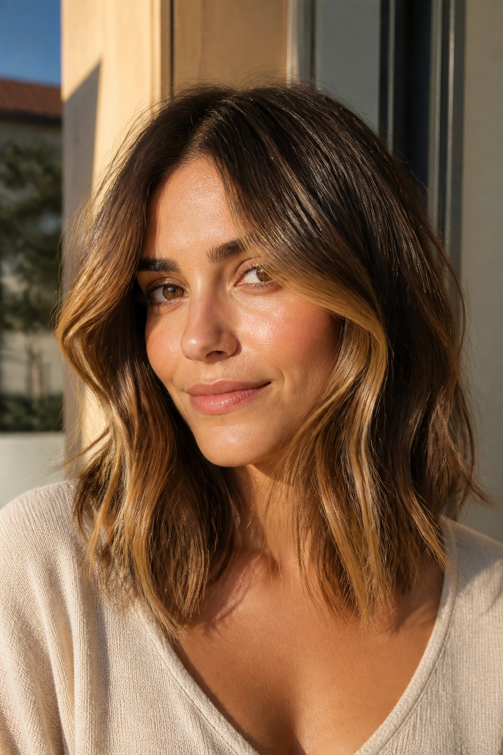 Close-up of a real woman with sunlit bronze sweep highlighting the face