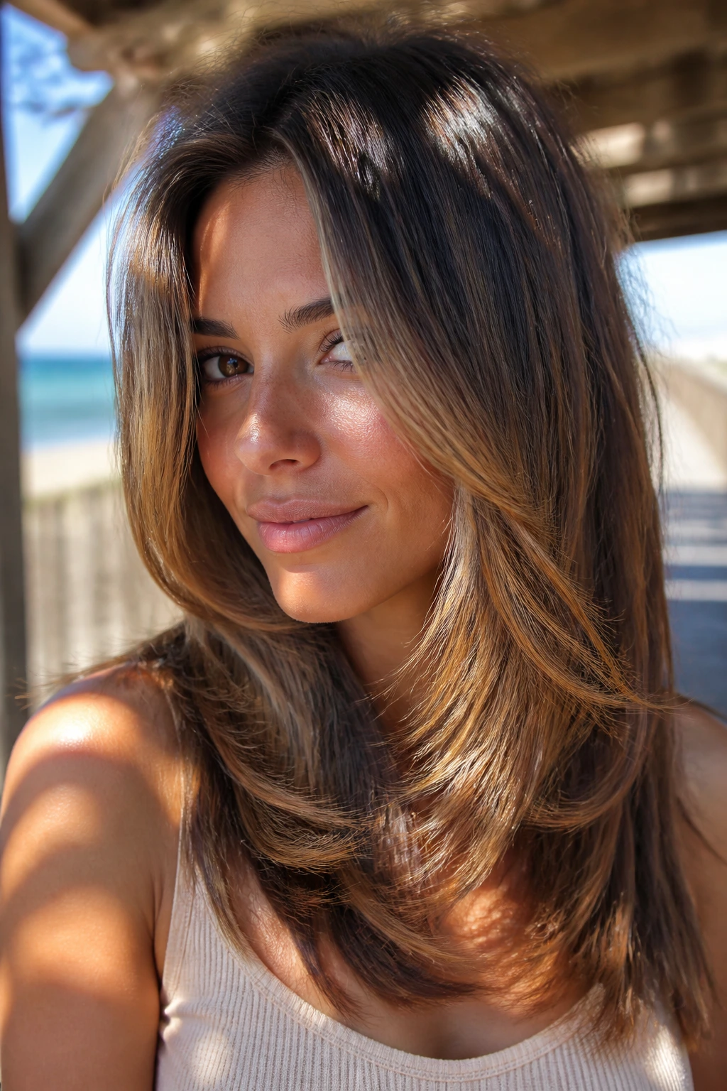 Close-up portrait of a real woman with sunlit brown layered hair.