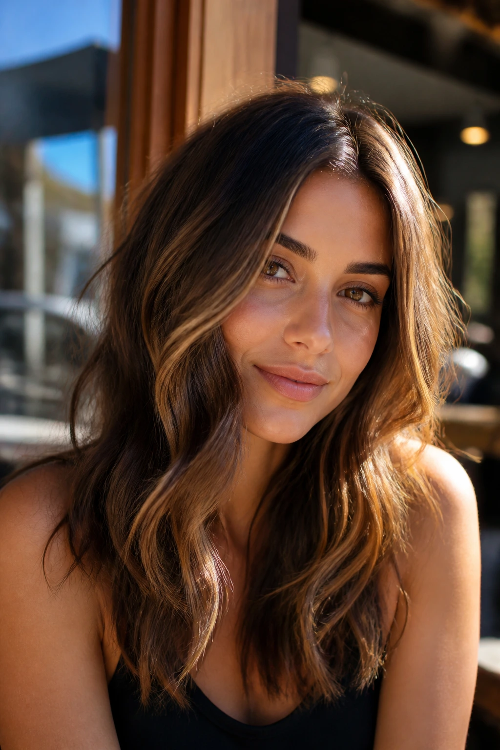 Close-up portrait of a real woman with sunlit brunette hair and warm highlights.