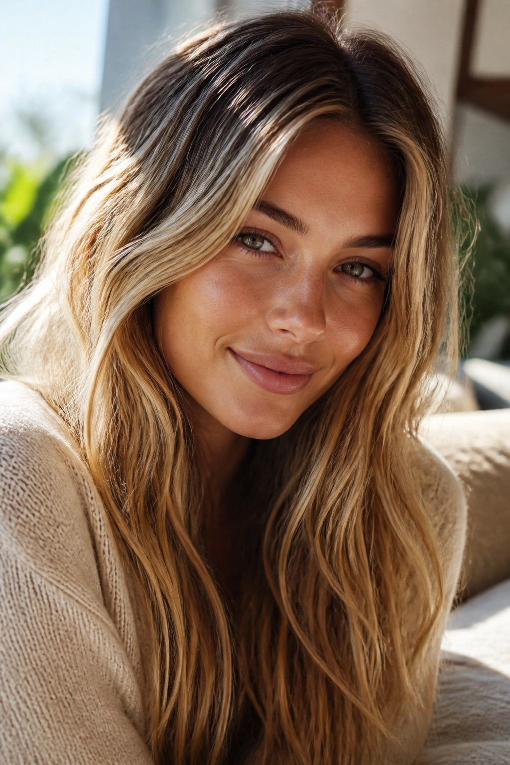 Close-up portrait of sunlit dirty blonde hair with microlights
