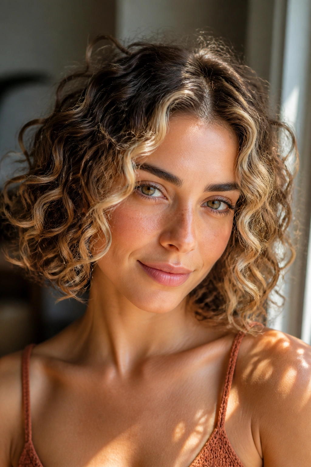 Portrait of a real woman with sunlit face-frame curls around the cheeks, natural light.