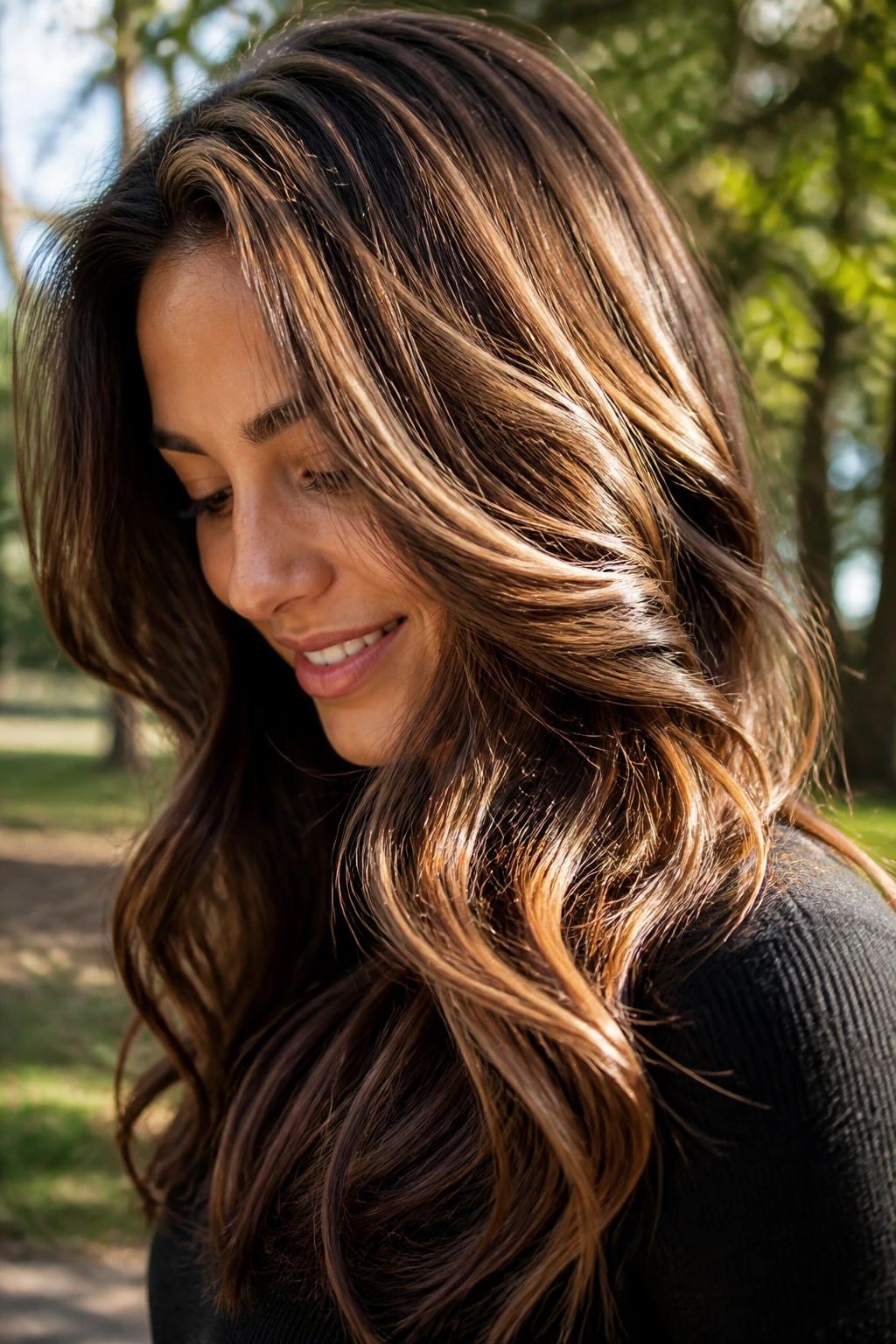 Portrait of a woman with sunlit ribbon highlights in brown hair, showing movement