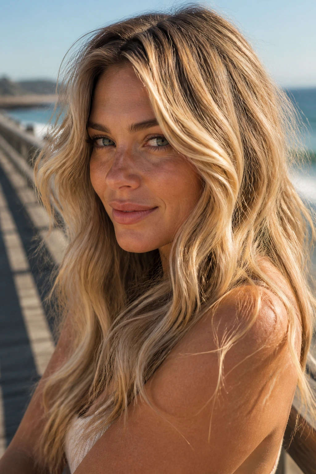 Close-up of a real woman with sunlit surf blonde and beachy waves.