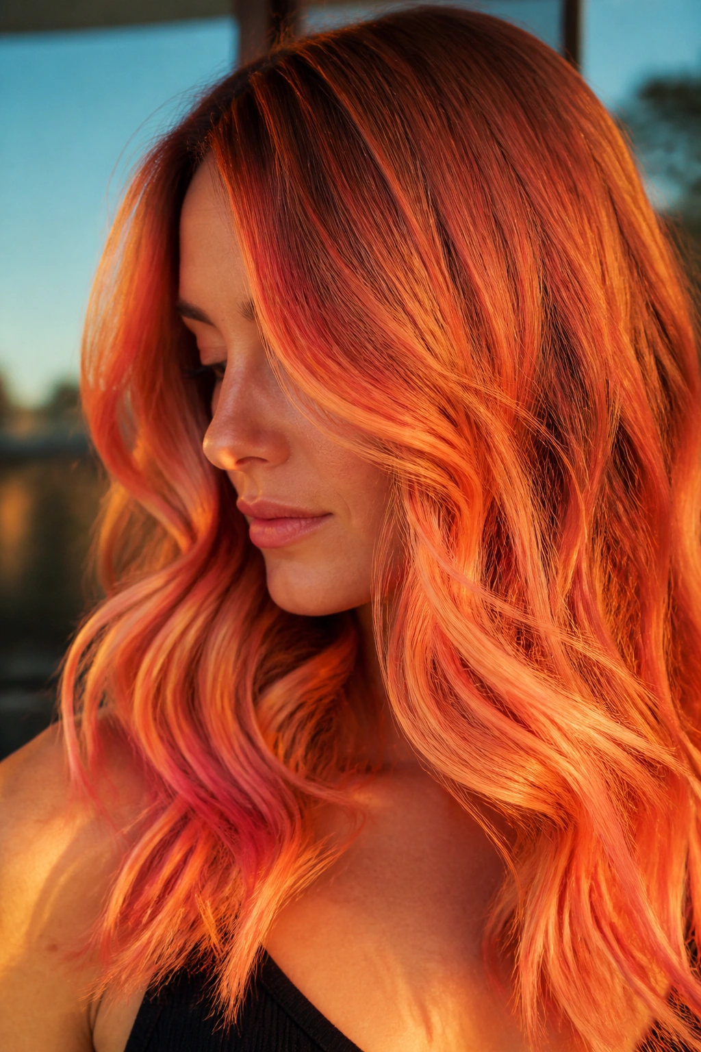 Close-up of person with coral and apricot balayage in soft waves