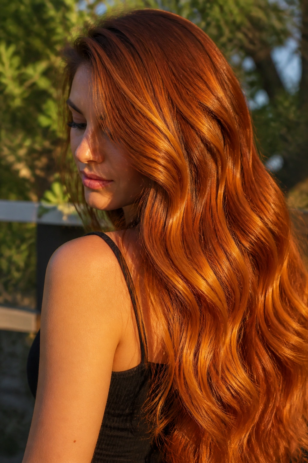 Long thick hair with sunset copper tones and amber highlights in late-day light.