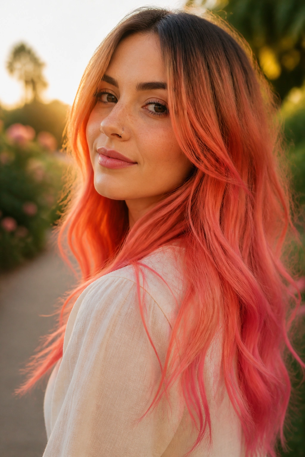Close-up of a real woman with sunset coral ombre hair in soft waves at golden hour