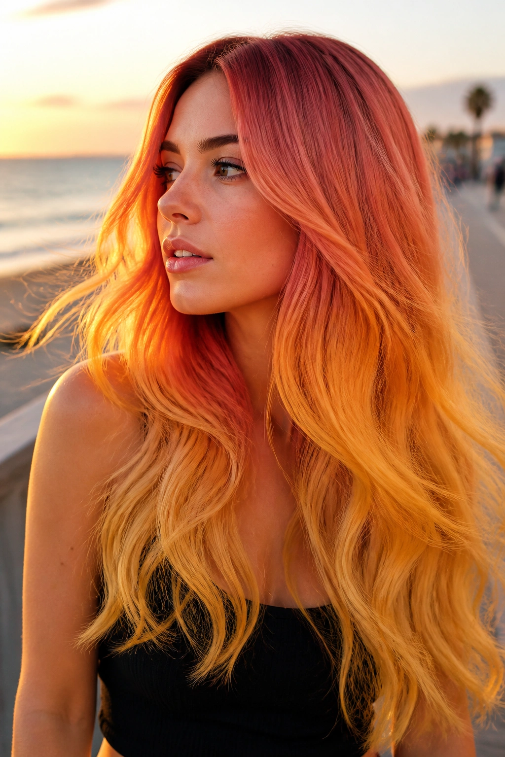 Close-up portrait of a real woman with sunset ombré hair from copper roots to gold ends