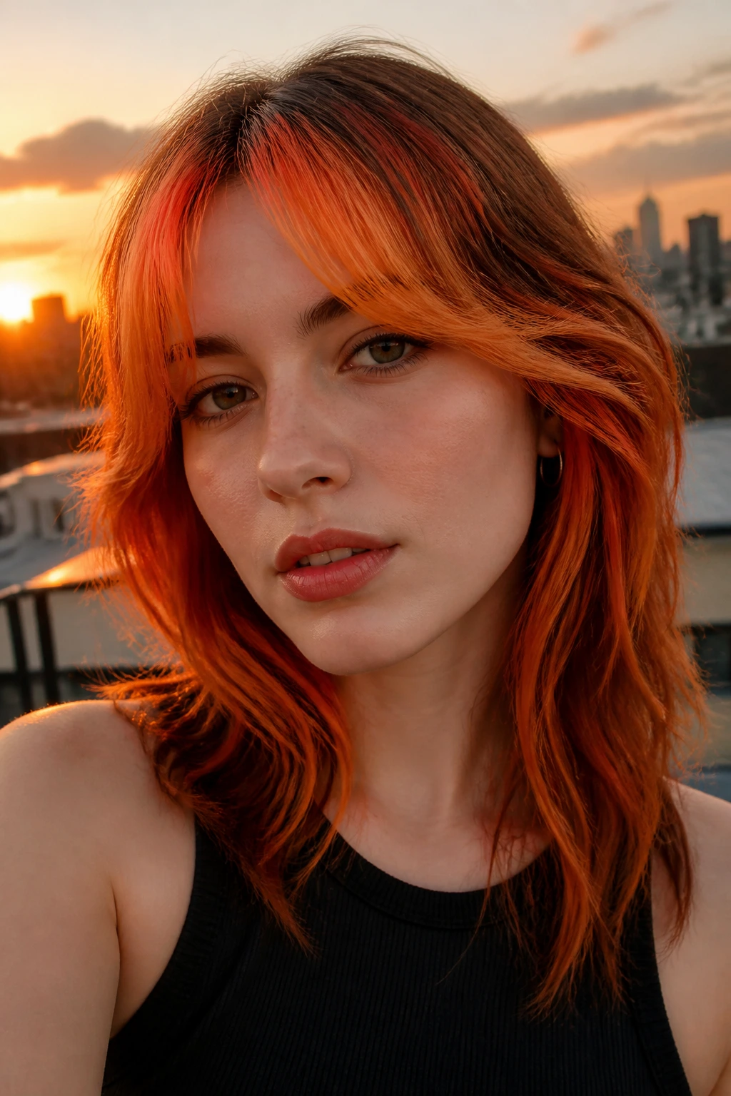 Close-up portrait of a real person with sunset orange curtain bangs in golden hour light.