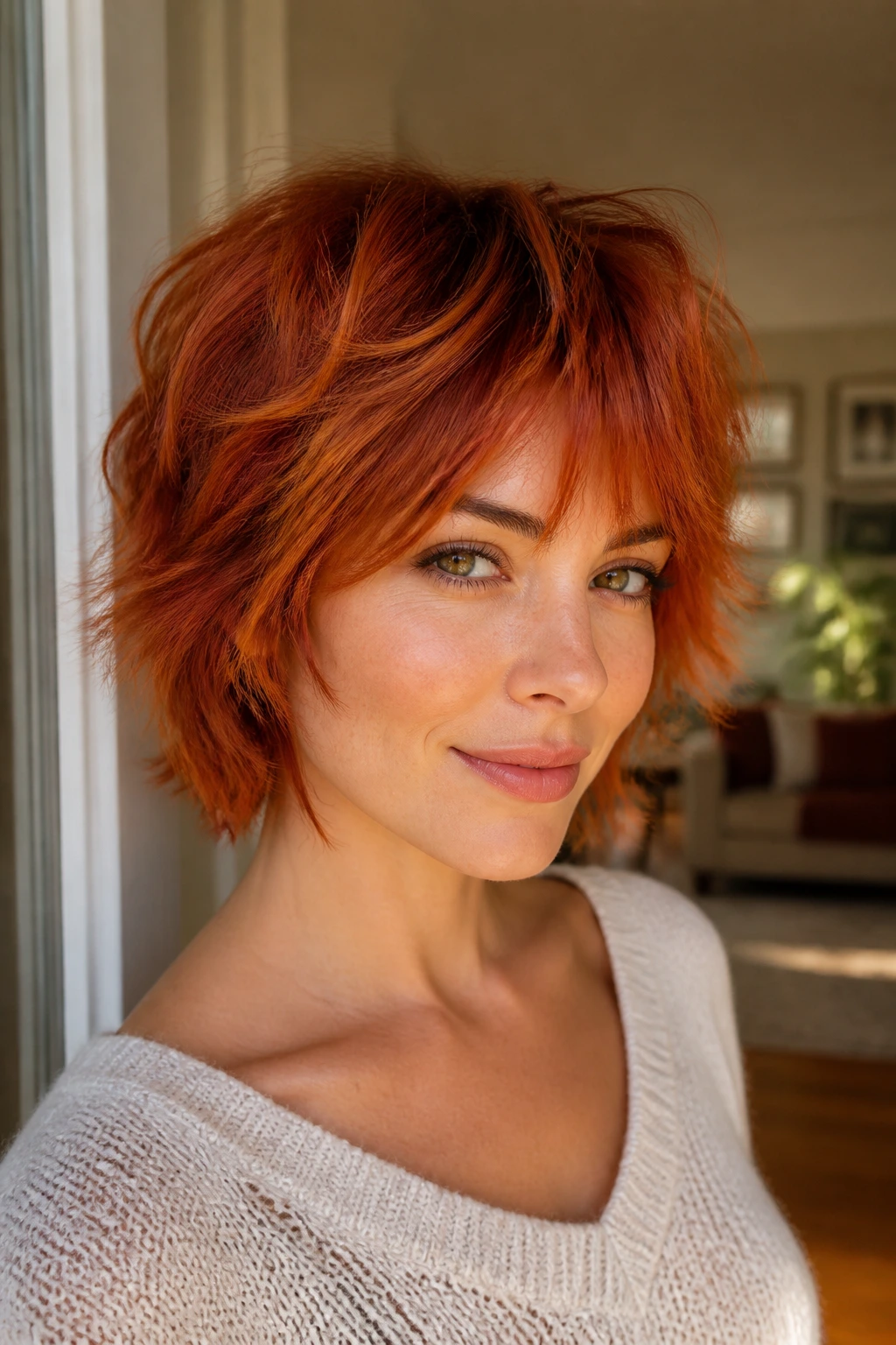 Close-up of a real woman with Sunset Red Shag hairstyle in copper and cherry tones.